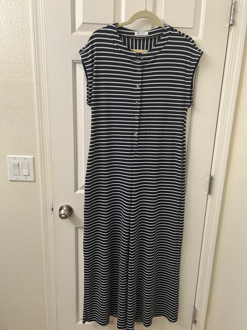 Cicy Bell Navy and White Striped Buttoned Front Flared Leg Versatile Romper.